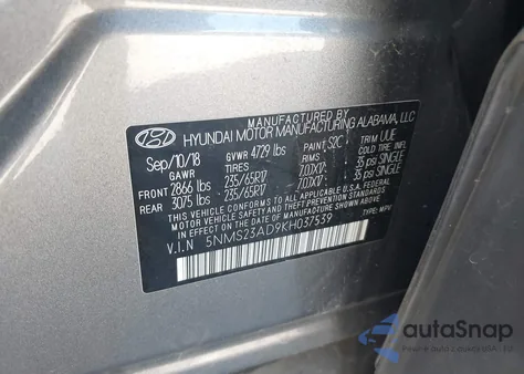 2019 Hyundai Santa Fe Se z USA, uszkodzony, nr VIN 5NMS23AD9KH037539